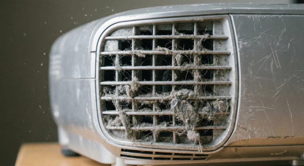 Grade de ventilação do projetor entupida de poeira.