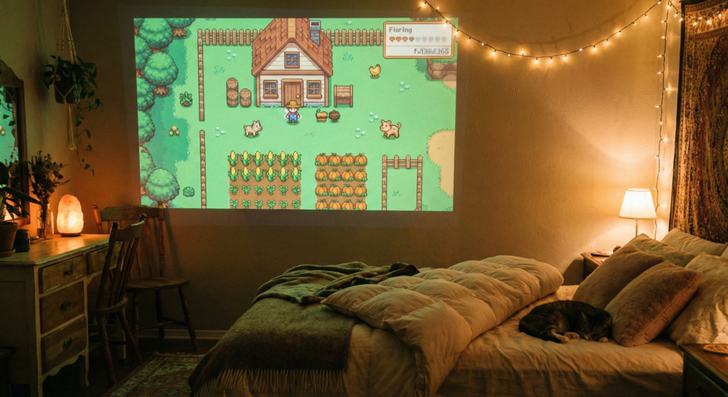Jogo de fazenda estilo pixel art sendo projetado em parede de quarto, ambiente relaxante.