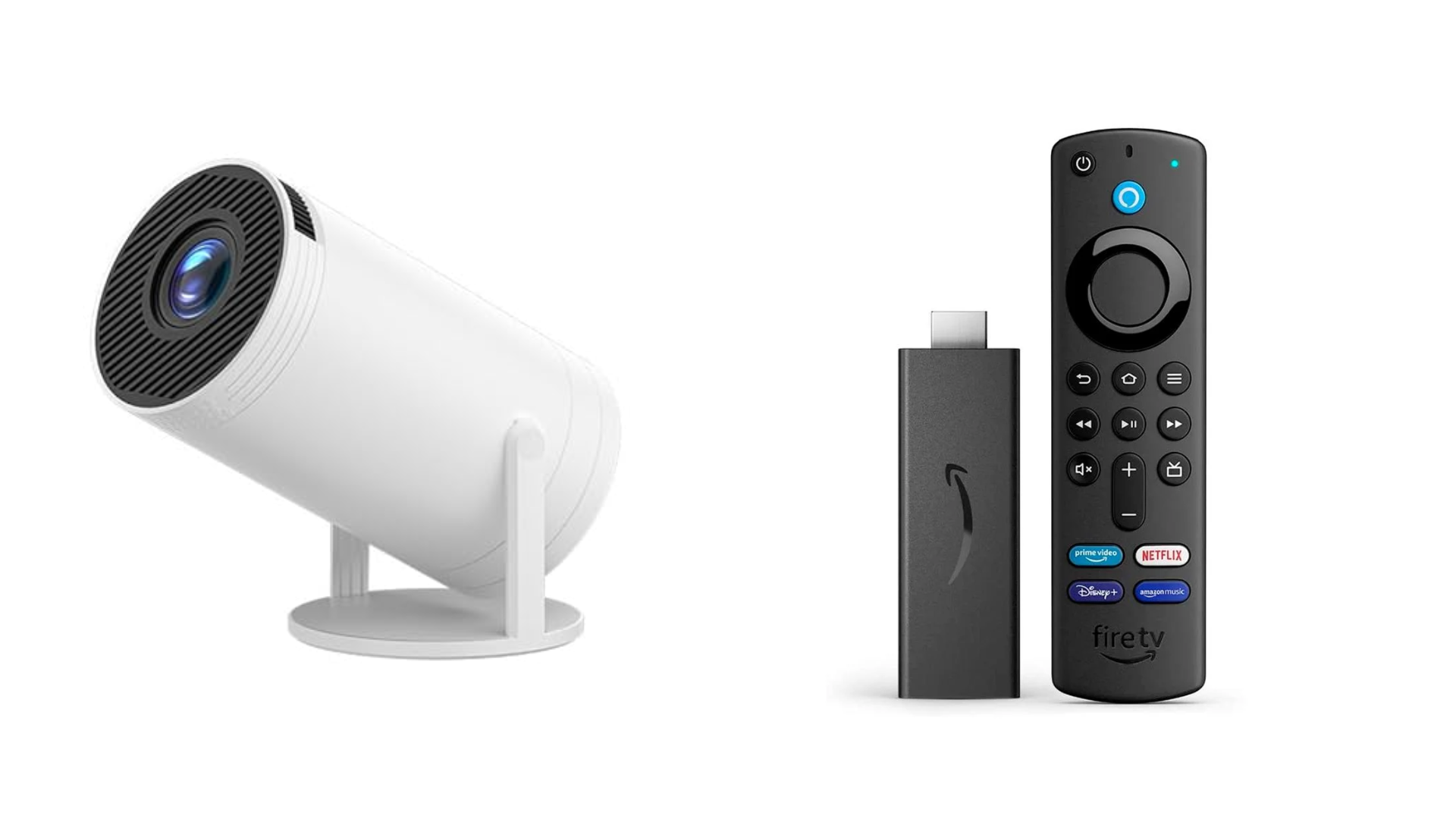 Projetor Hy300 e Fire TV Stick lado a lado