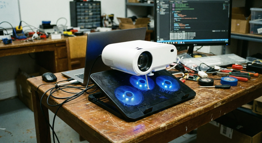 Projetor adaptado sobre base cooler de notebook para melhorar a ventilação.