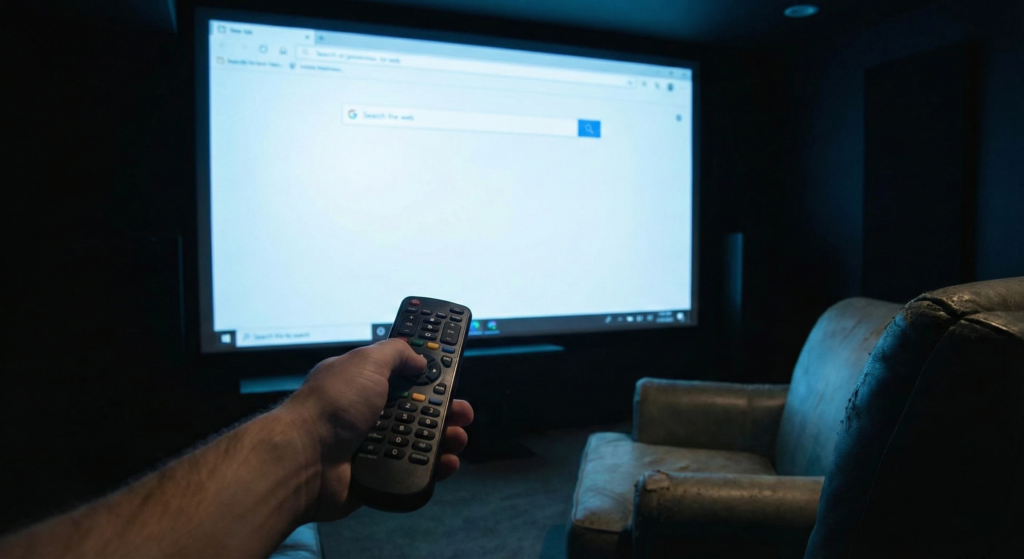 Mão segurando controle remoto navegando na internet através do projetor.