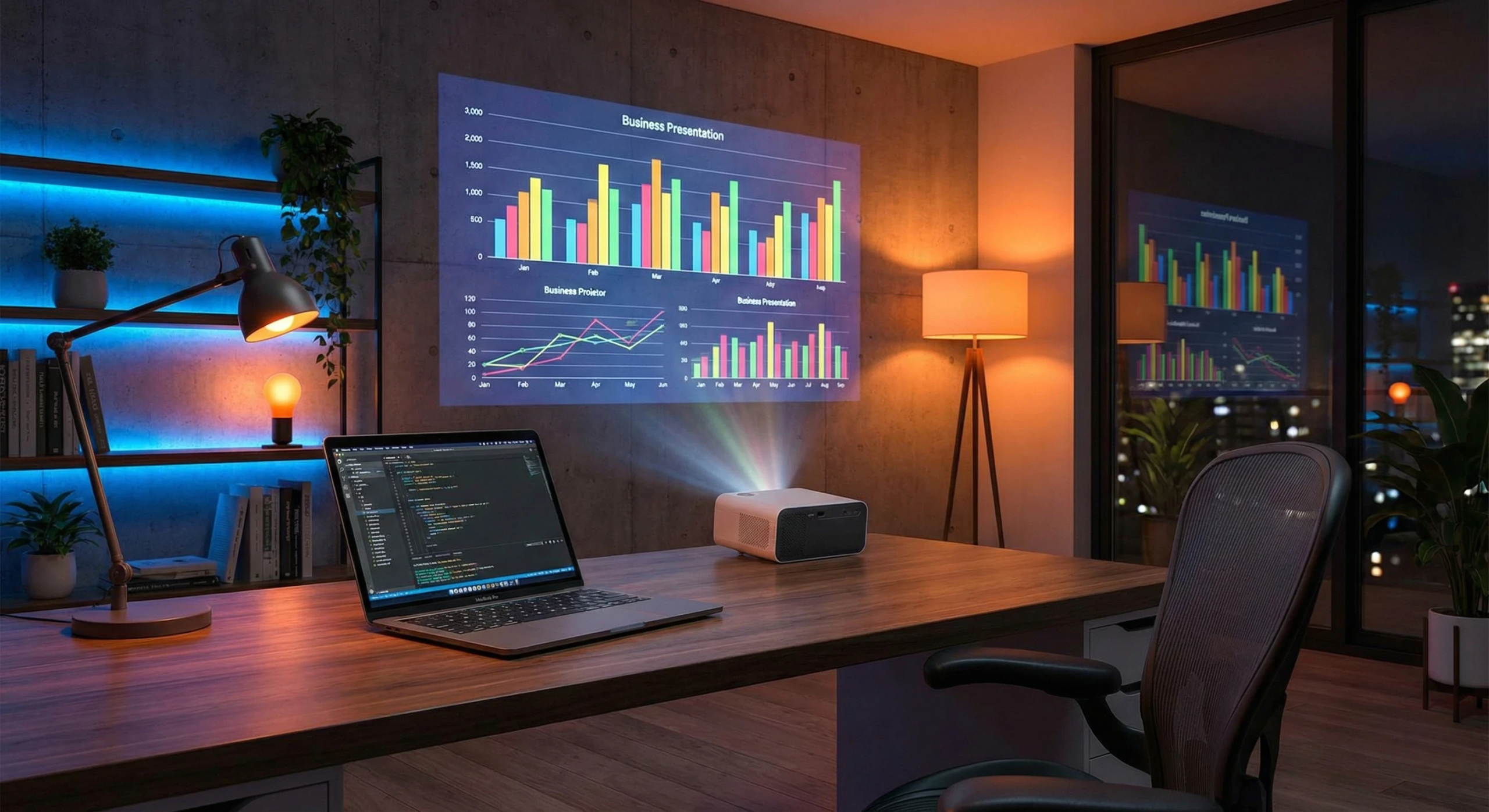 Setup de home office com notebook e projetor exibindo gráficos na parede.