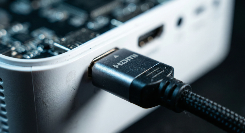 Cabo HDMI conectado na porta traseira do projetor para garantir conexão sem delay.