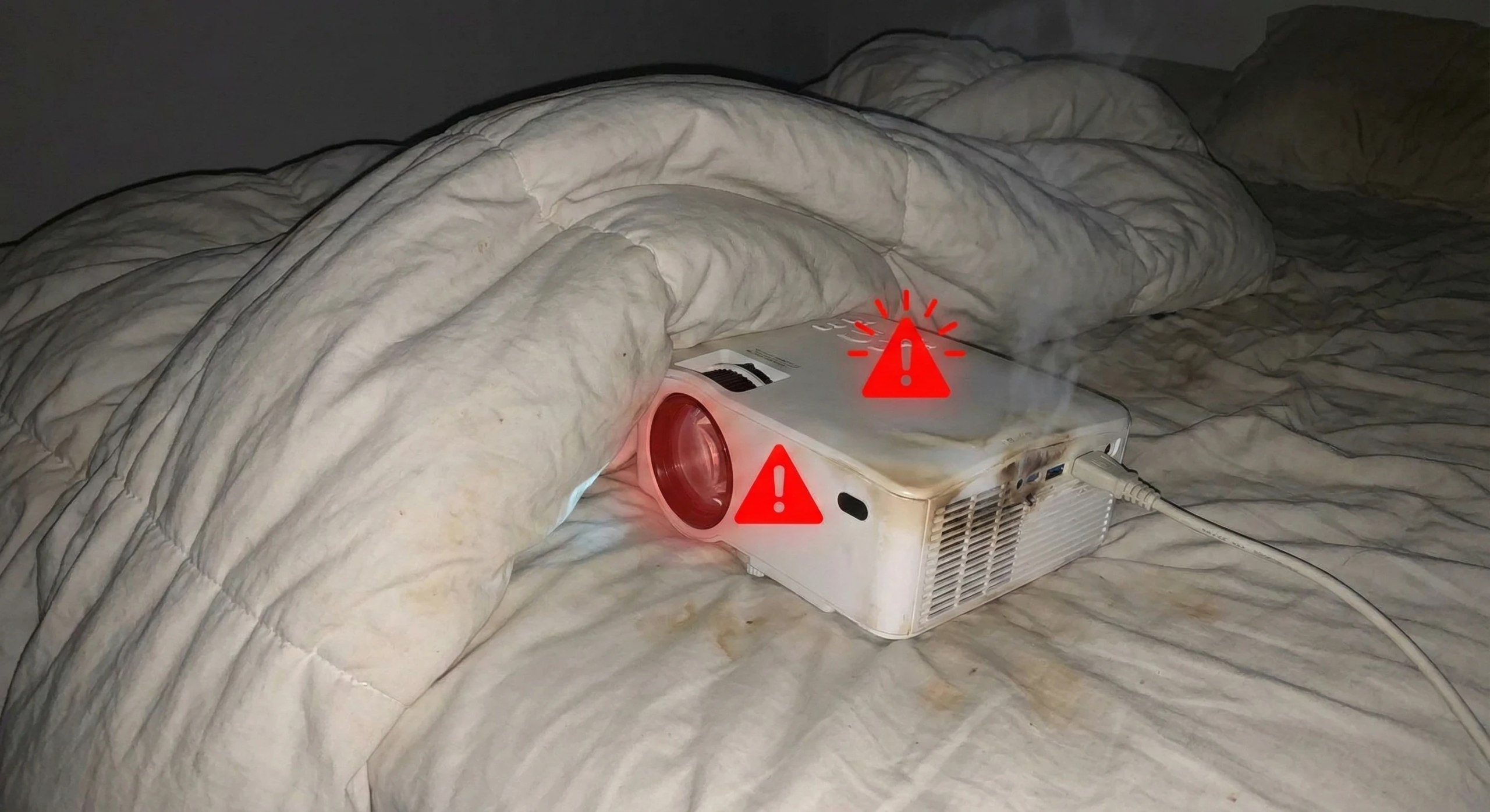 Projetor Magcubic em cima da cama com saídas de ar bloqueadas pelo lençol.