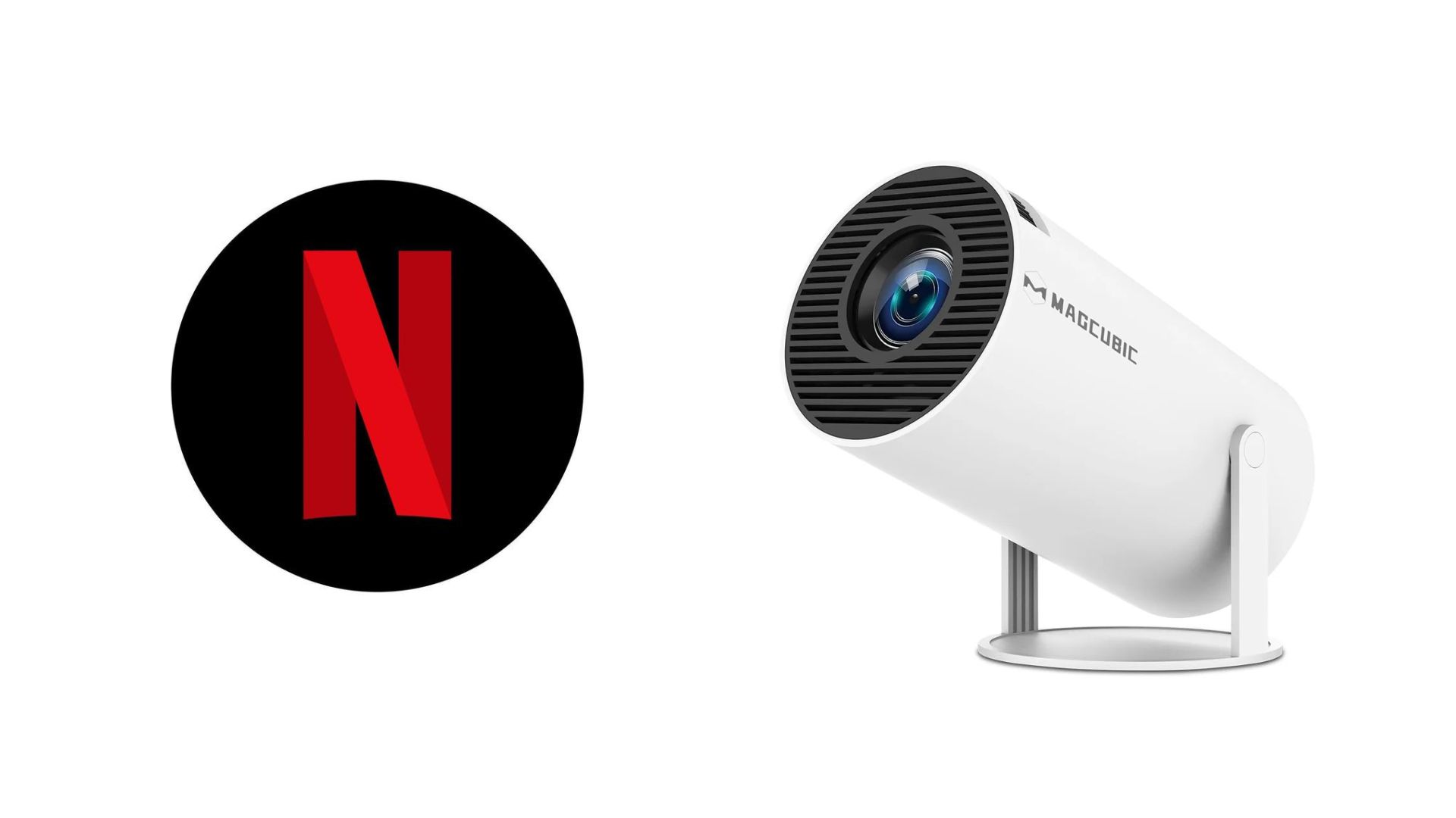 Projetor Magcubic Hy300 ao lado do logo da Netflix ilustrando erro de áudio mudo por falta de Dolby Digital