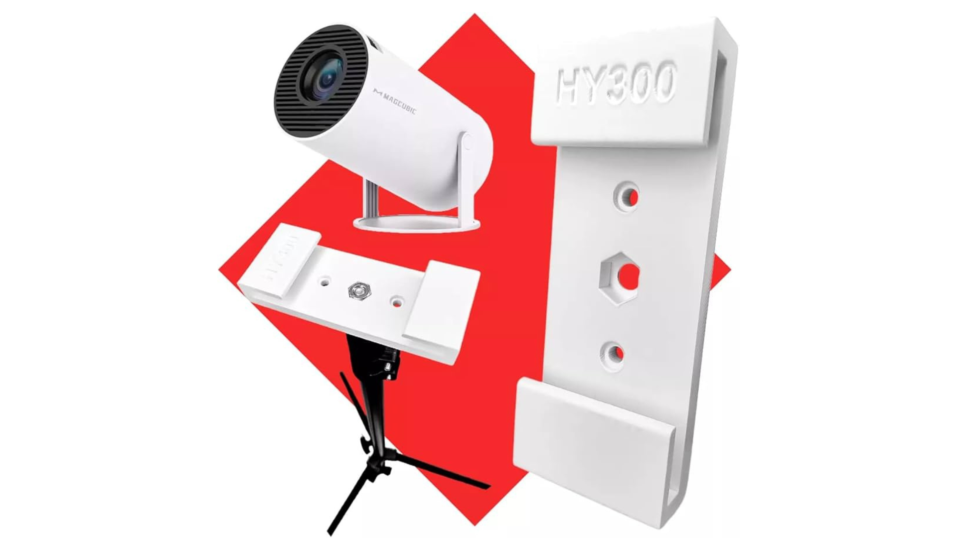 Projetor Magcubic Hy300 ao lado de suporte adaptador personalizado e base de tripé.