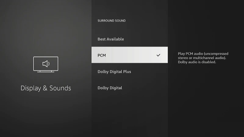 Menu de configurações de som do Fire TV Stick com a opção PCM selecionada para corrigir erro de áudio.