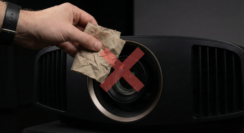 Mão segurando papel áspero prestes a limpar a lente, ilustrando o erro comum que causa riscos permanentes.