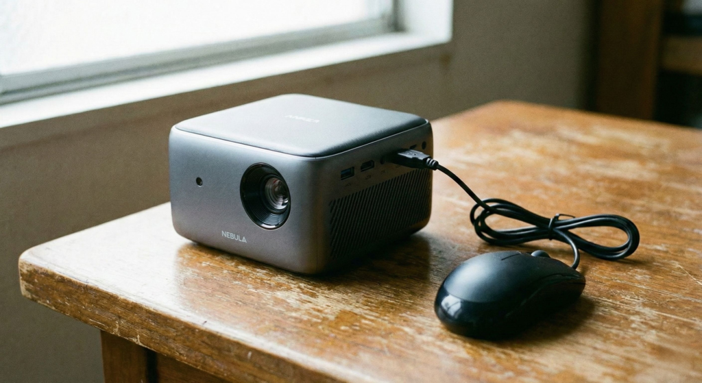 Mouse de computador conectado na porta USB traseira do projetor