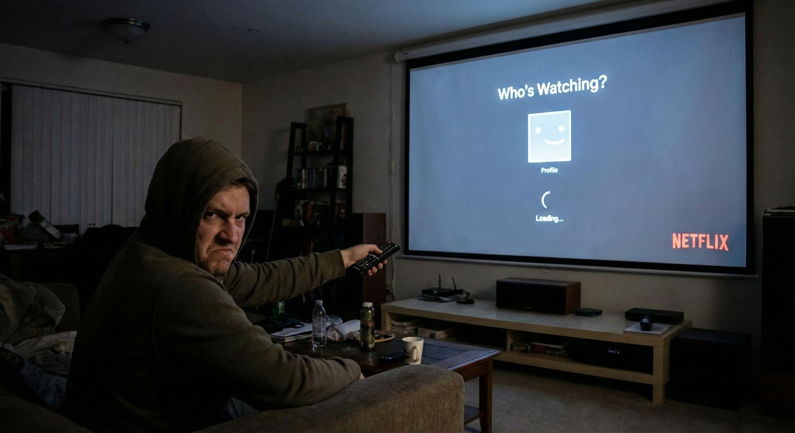 Usuário frustrado apontando controle remoto para tela de streaming projetada que não responde aos comandos.