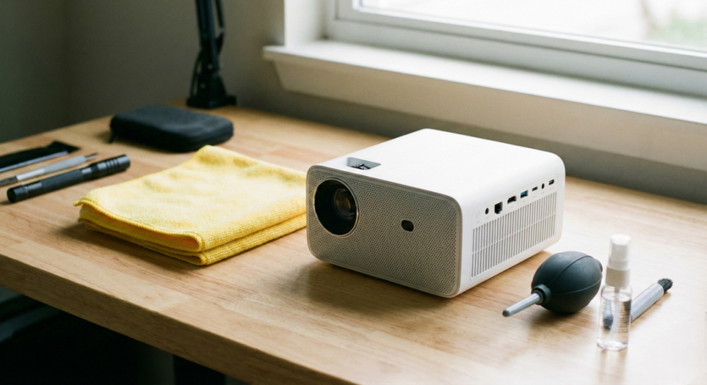 Pano de microfibra macio ao lado do projetor, o único material seguro para limpeza de lentes.