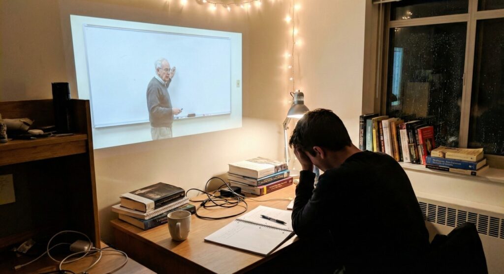 Estudante assistindo videoaula projetada na parede enquanto faz anotações.
