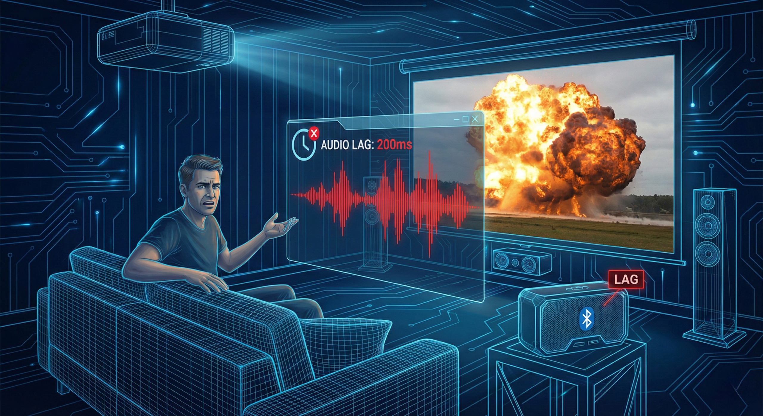 Ilustração conceitual mostrando a desincronia entre a imagem do projetor e o som atrasado na caixa bluetooth.