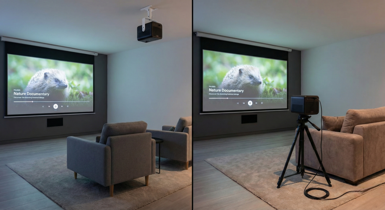 Comparativo visual mostrando instalação de projetor no teto versus instalação em tripé de chão.