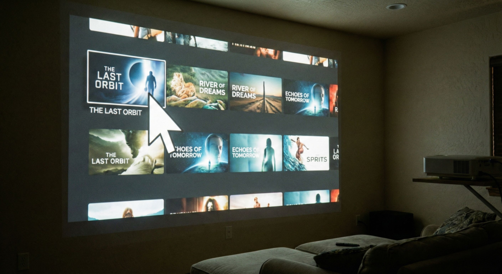 Tela de projeção mostrando uma interface de streaming com um cursor de mouse virtual sobre um filme, ativado pelo app Mouse Toggle.