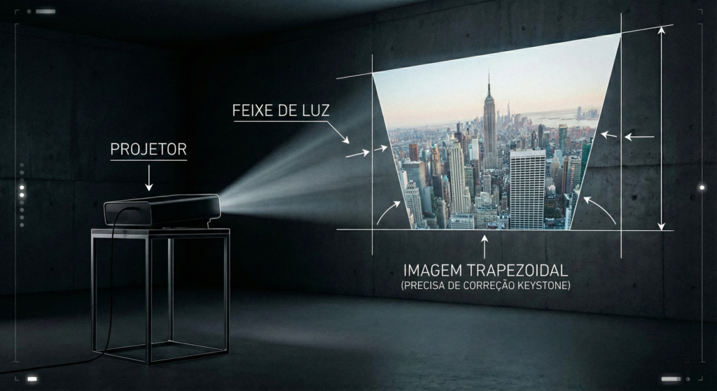 Diagrama mostrando uma projeção com formato de trapézio (torta) na parede, indicando a necessidade de alinhamento físico antes da correção digital.