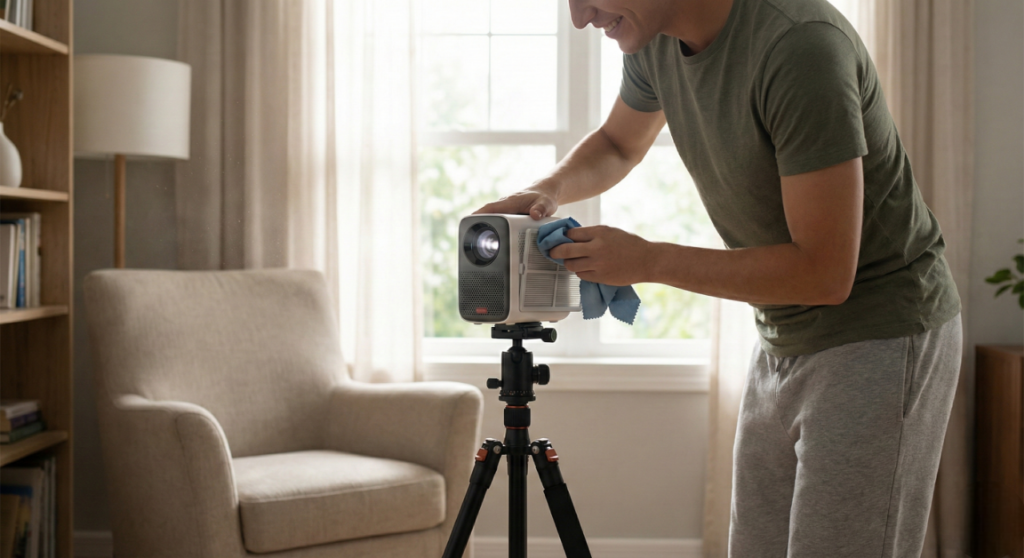 Usuário limpando facilmente a saída de ar do projetor montado em um tripé, sem precisar de escadas.