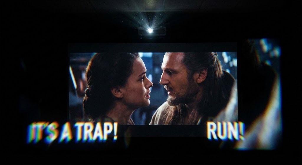 Simulação de tela projetada mostrando o centro da imagem focado e as legendas nos cantos embaçadas, ilustrando a perda de nitidez nas bordas.