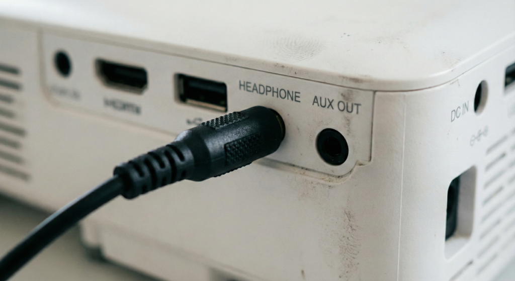 cabo de áudio auxiliar P2 conectado na saída de fone de ouvido na parte traseira do projetor.