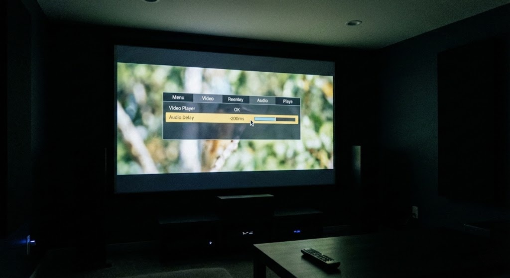 Interface de player de vídeo projetada mostrando a opção de ajuste manual de atraso de áudio (Audio Delay).