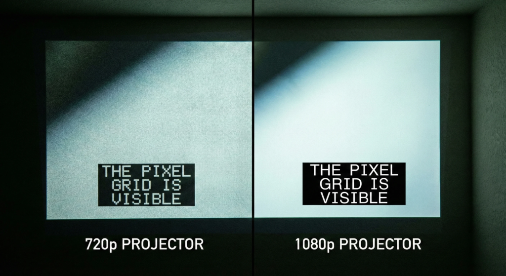 Comparativo visual de qualidade de imagem: App nativo do projetor com baixa resolução versus imagem em Full HD gerada pelo Fire TV Stick.