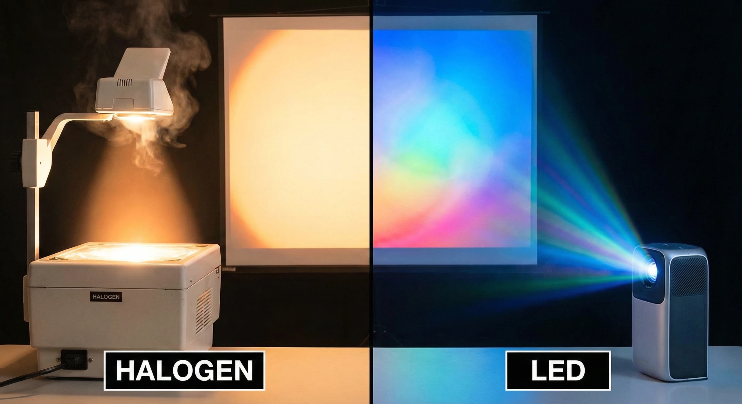 Comparativo lado a lado: projetor tradicional robusto de lâmpada versus projetor portátil moderno com tecnologia LED.
