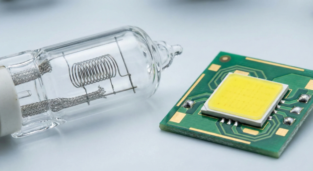 Foto em close mostrando a diferença física entre uma lâmpada de projetor antiga (vidro) e um chip de LED moderno (placa).