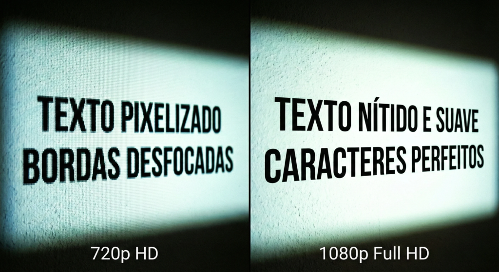Comparativo de resolução com zoom em texto: lado esquerdo (720p) pixelado versus lado direito (1080p) nítido.