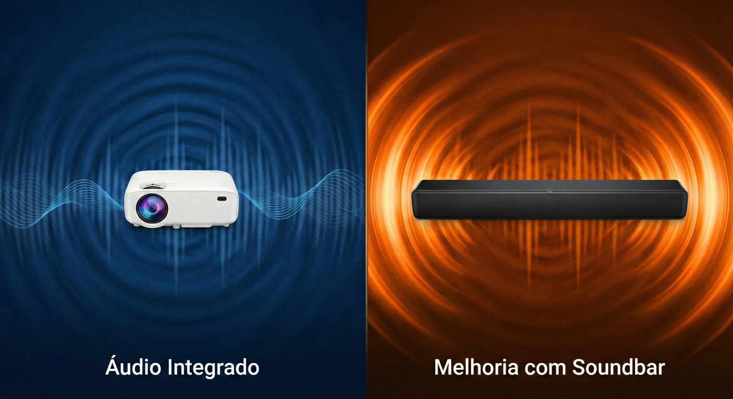 Gráfico comparativo ilustrando ondas sonoras fracas saindo de um projetor versus ondas sonoras potentes saindo de uma soundbar.