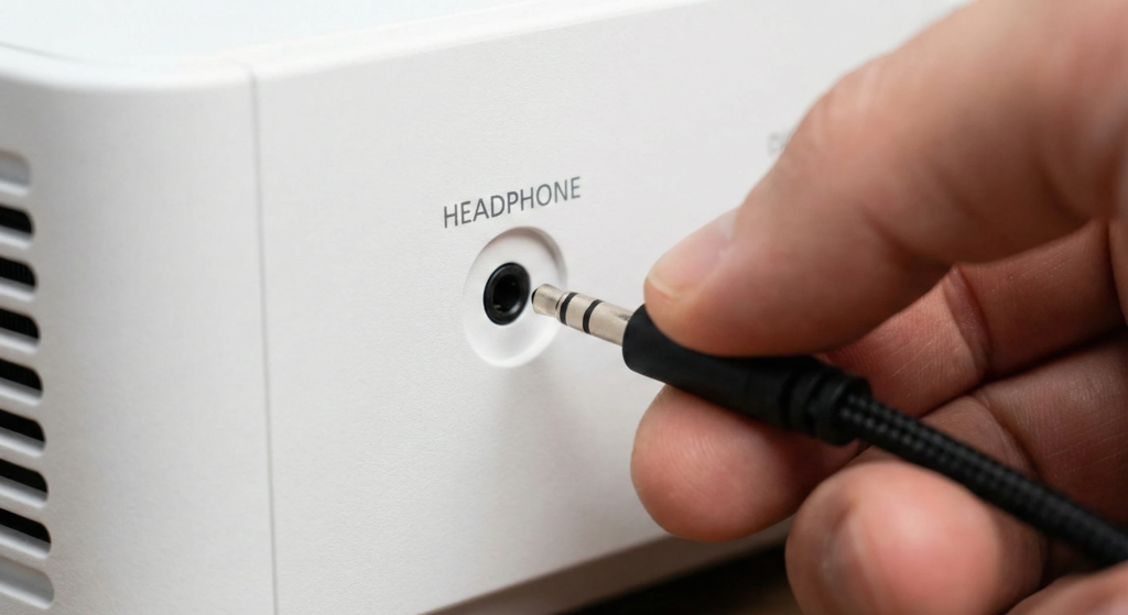 Foto em close de um cabo de áudio auxiliar (P2) sendo conectado na saída de fone de ouvido do projetor.