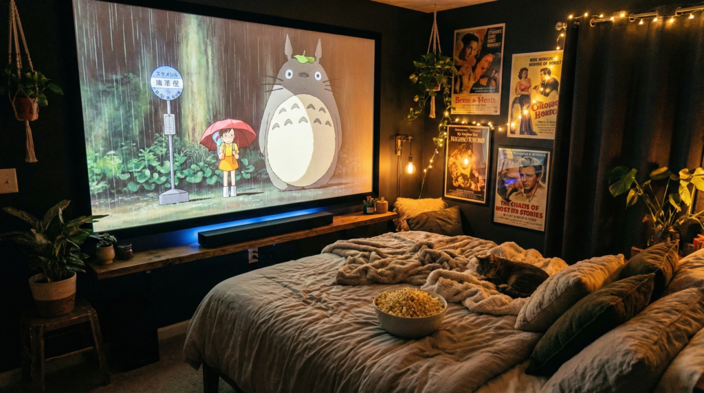 Quarto escuro com projeção na parede e uma soundbar posicionada corretamente logo abaixo da imagem.