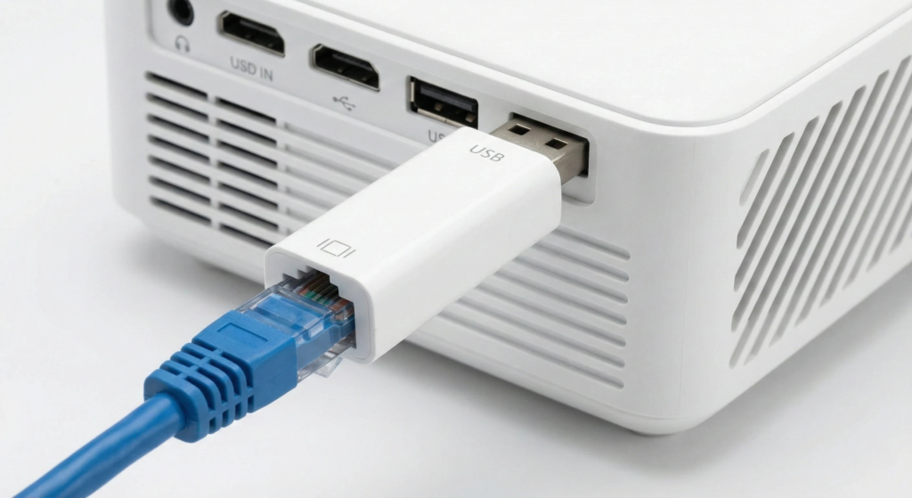 Foto em close (macro) de um adaptador USB para cabo de rede (RJ45) conectado na porta USB traseira de um projetor branco.