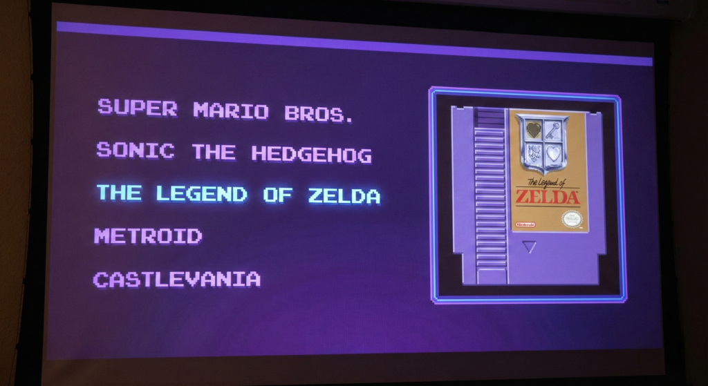 Tela de projeção exibindo uma interface de seleção de jogos retrô com lista de nomes à esquerda e arte da caixa à direita, estilo EmuELEC.