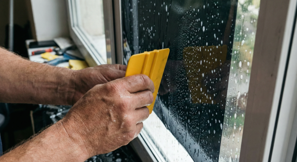 Foto em close mostrando uma pessoa usando uma espátula para aplicar película escura (insulfilm) em um vidro de janela molhado.