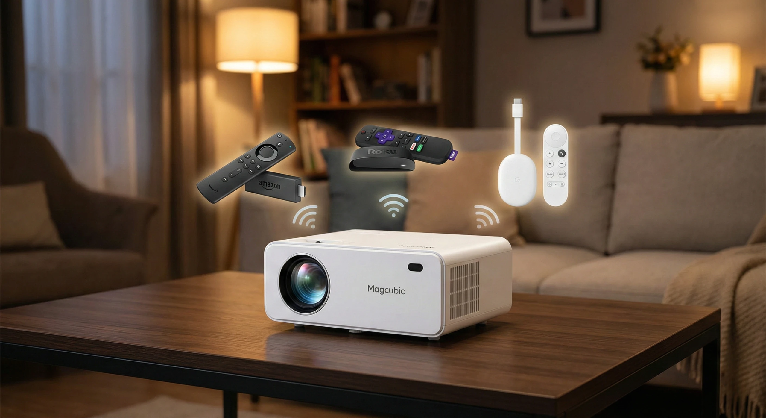 Comparativo entre Amazon Fire TV Stick, Roku Express e Chromecast posicionados ao lado de um projetor Magcubic