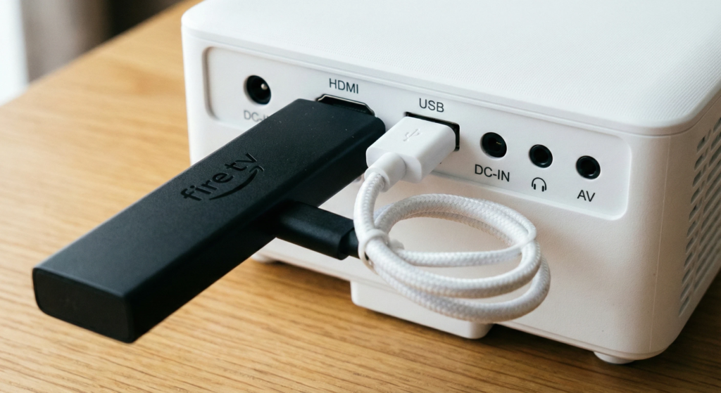 Fire TV Stick conectado na porta HDMI do projetor e sendo alimentado pela porta USB do próprio aparelho, dispensando tomada externa.