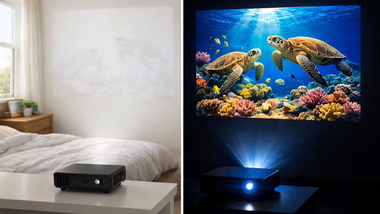 Comparativo visual mostrando uma projeção lavada e fraca num quarto com luz do sol à esquerda, e a mesma projeção com cores vibrantes num quarto escuro à direita.