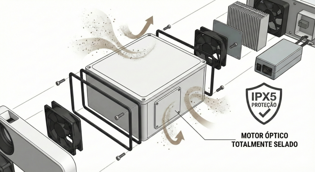Ilustração técnica demonstrando o funcionamento da ótica selada (Fully Enclosed Optical Engine) que impede a entrada de poeira no projetor.