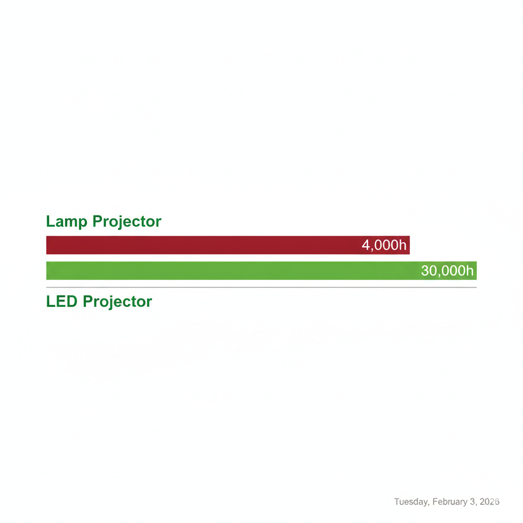 Gráfico de barras comparando a vida útil: Lâmpada halógena com 4.000 horas versus LED com 30.000 horas.