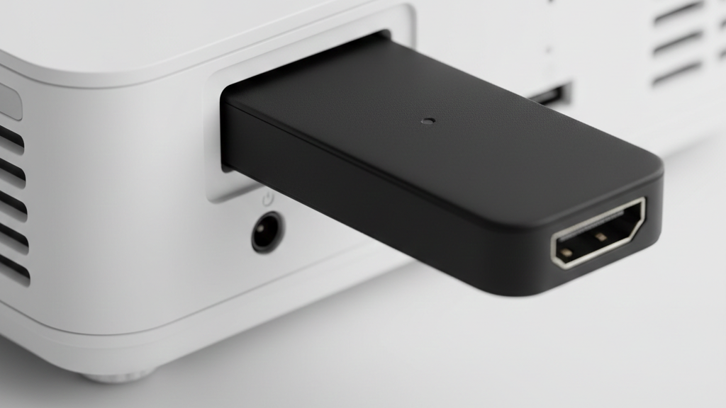 Foto em close (macro) mostrando um dispositivo TV Stick conectado na porta HDMI traseira de um projetor.